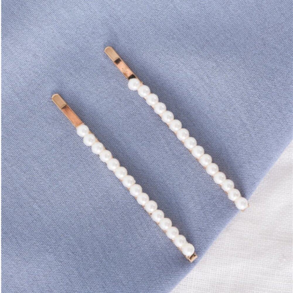 String Of Pearls Gold Metal Hair Bobby Pins - Set of 2 - Picture 3 of 6